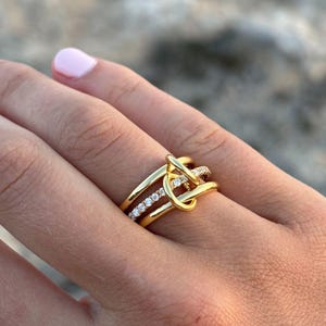 Connected Link Ring, Diamond Intertwined Statement Jewellery, Minimal Stacking Ring Gold Plated, Triple Band Demi-Fine Ring