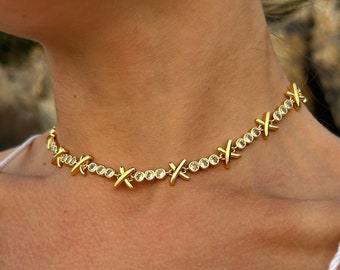 XO Gold Choker Necklace, 18k Gold Plated Necklace with Cubic Zirconia Diamond, Personal Gift for Her