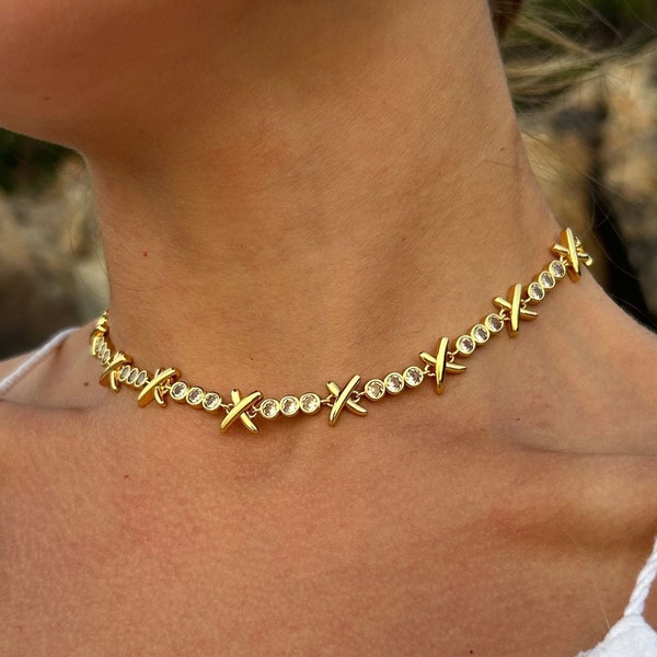 XO Gold Choker Necklace, 18k Gold Plated Necklace with Cubic Zirconia Diamond, Personal Gift for Her