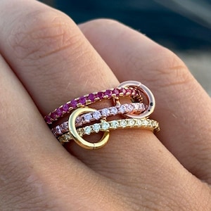 Pink Spinelli Ring, Stacking Diamond Twist Ring, Intertwined Statement Jewellery, Minimal Stacking Ring Gold Plated, Triple Band Demi-Fine