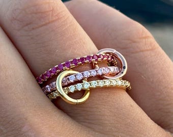 Pink Spinelli Ring, Stacking Diamond Twist Ring, Intertwined Statement Jewellery, Minimal Stacking Ring Gold Plated, Triple Band Demi-Fine
