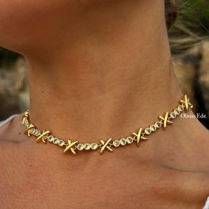 Gemma Owen XO Necklace, 18k Gold Plated Collar Necklaces, Cubic Zirconia Bracelet, Simulated Diamond Jewellery Set