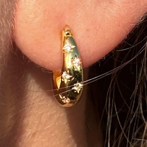 Star Gold Hoop Earrings, Diamond Gold Huggie Earring,  Medium Size Gold Hoops, Cubic Zirconia Stone 18k Gold Plated, Waterproof