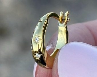 Starburst Gold Hoop Earrings: Cubic Zirconia 18k Gold Plated Huggies