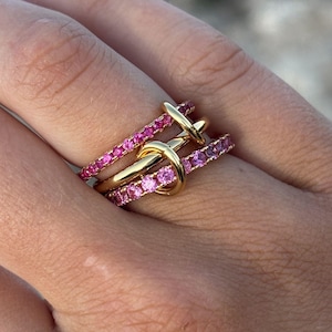 Pink Diamond Twist Ring, Intertwined Statement Jewellery, Minimal Stacking Ring Gold Plated, Triple Band Demi-Fine Ring
