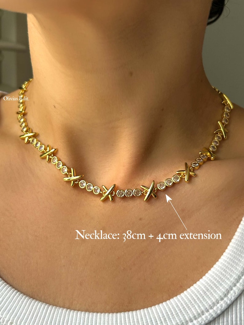 Gemma Owen XO Necklace, 18k Gold Plated Collar Necklaces, Cubic Zirconia Bracelet, Simulated Diamond Jewellery Set