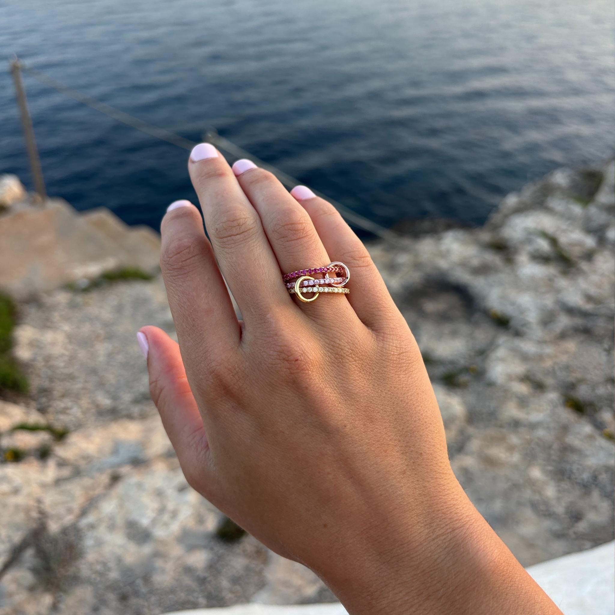 Pink Spinel Ring: Gold Plated Diamond Twist, Stacking Jewelry