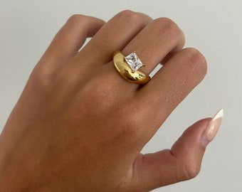 Gemstone Dome Ring, Minimalist Ring with Cubic Zirconia Stone, Stackable Gold Plated Ring with Traditional Baguette Cut Stone