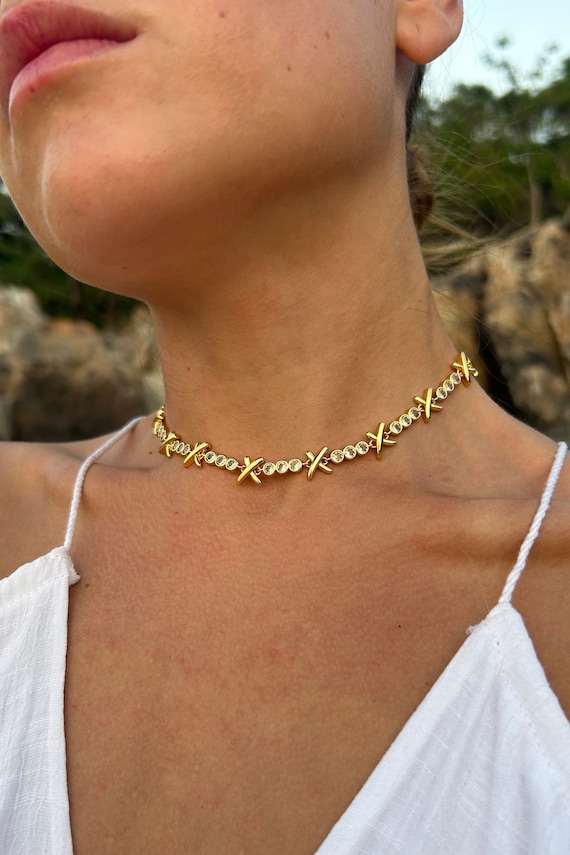 XO Gold Choker Necklace, 18k Gold Plated Necklace With Cubic