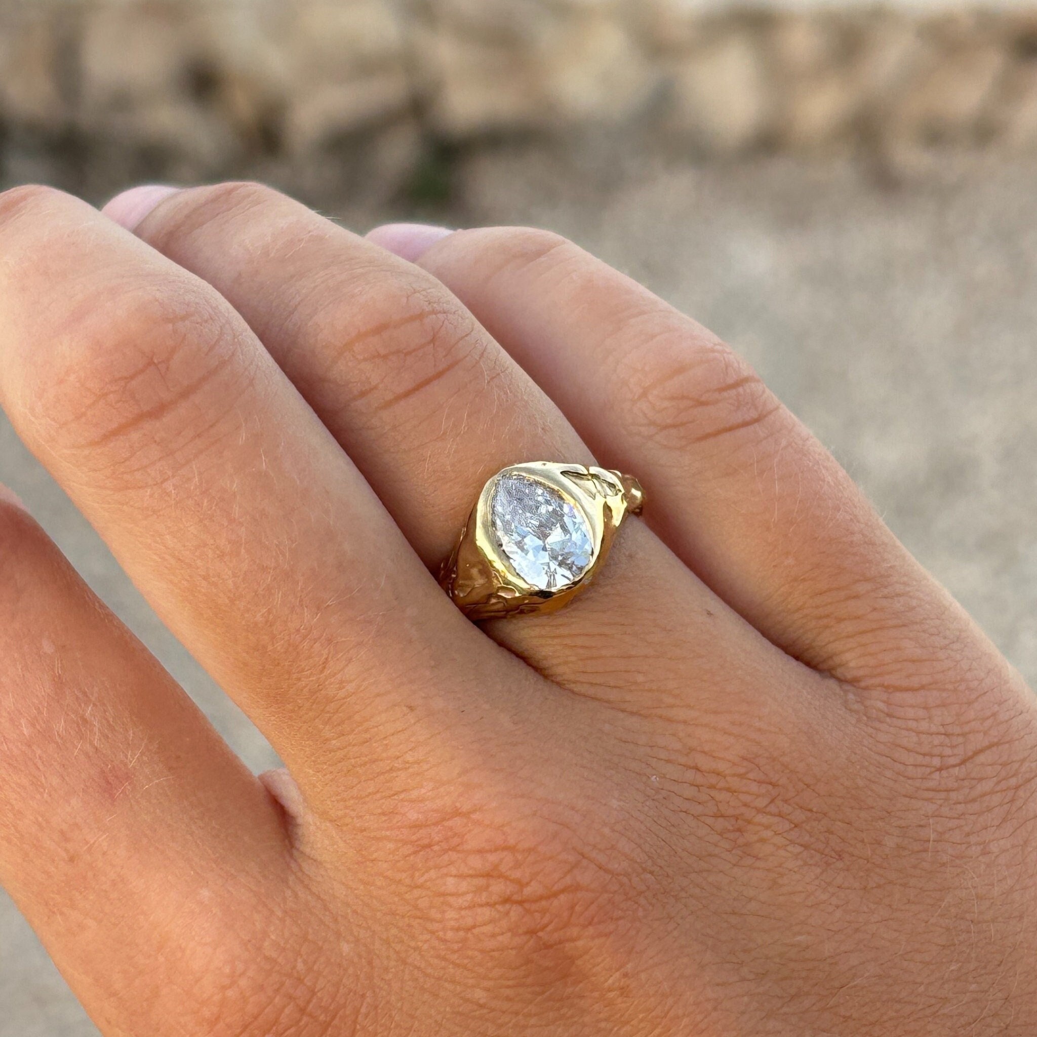 Handmade Gold Pear Ring with Cubic Zirconia, One-of-a-Kind Molten Ring, London Handcrafted Gold Vermeil Jewellery, UK Artisan Pieces