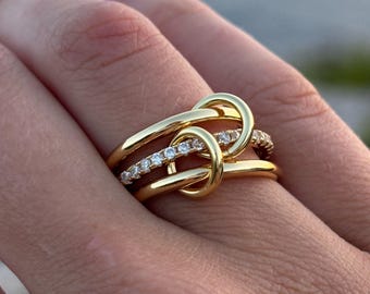 Stacking Diamond Ring, Cubic Zirconia Intertwined Statement Jewellery, Minimal Stacking Ring Gold Plated, Triple Band Demi-Fine Ring
