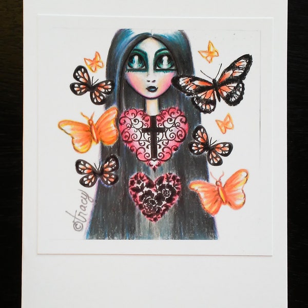 Mini Handmade Photo Art Print Card Black Haired Girl with Butterflies