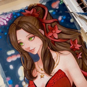 Aerith - Pintura de acuarela de fanart