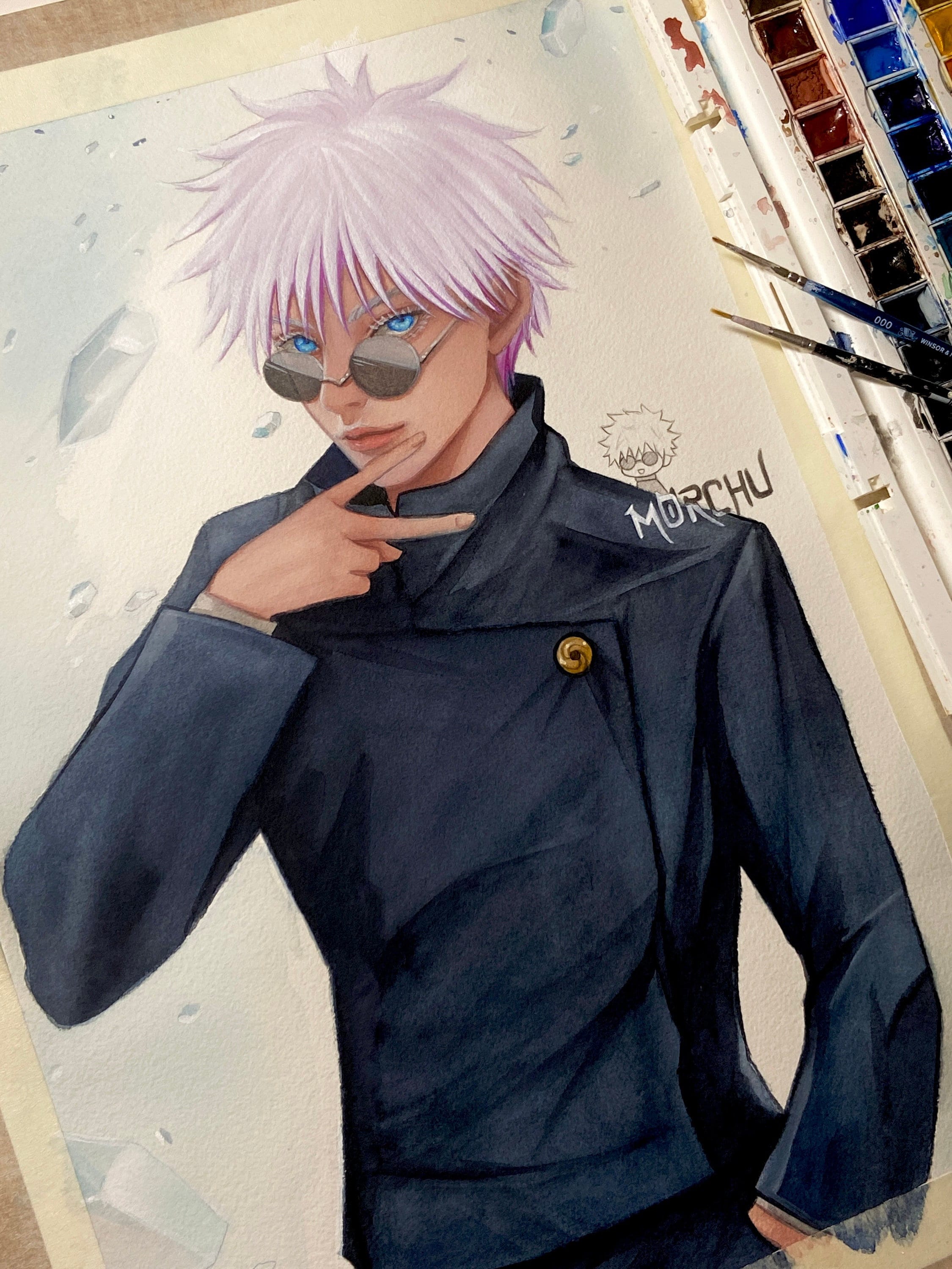 Anime White Hair Boy- Watercolor Fanart Painting