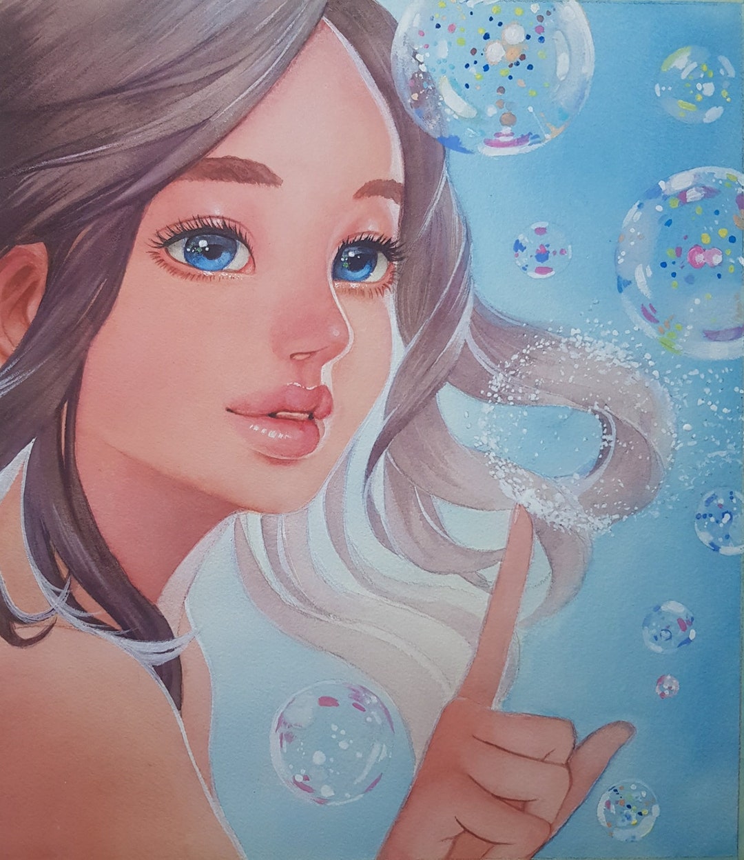 Bubbles Girl Original Watercolor Painting Etsy