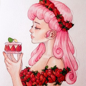 Strawberry Anime Girl- Pintura de acuarela original