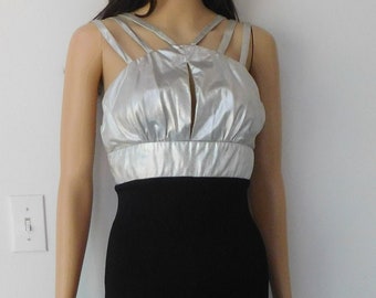 Metallic jumpsuit-showstopper-silver lame & black-disco era- retro-by Funky-size 5-Very unique-gorgeous-comfy-one of a kind-small-very small