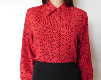 Vintage Yves St Clair blouse-red with black polka dots-long sleeves-Size 8 P-hidden buttons down the front-secretary-business-career