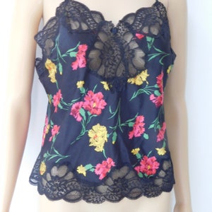 Cami top-sexy-floral with black lace trim at bust & bottom-Bust 34-38-NWT-Sexy-Silky--Small-Medium-pink and yellow flowers-spaghetti straps