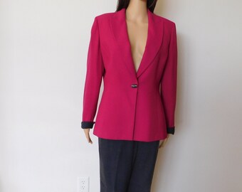 Hour glass blazer pantsuit-Tahari-Size 8-Hot pink & grey-high waisted trousers-cuffed sleeves-usable pockets-career-90's vintage-business