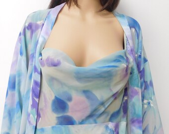 Set-Slip dress nightgown & kimono robe set-sexy-vintage California Dynasty-gorgeous colors-unique-rare-trending as a dress now-satin-sheer