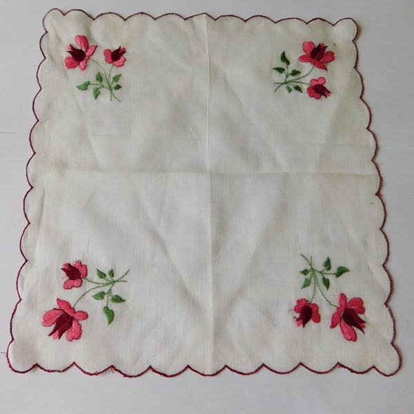 Something old for bride-Vintage handkerchief-delicate white-red scalloped embroidered edges-pink & red embroidered roses--vintage never used