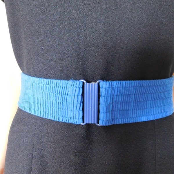 Electric blue rucheed elastic belt with big blue metal buckle-neon blue-vintage-small-medium-2 inches wide-fits waist 25" to 32"-rare-only 1