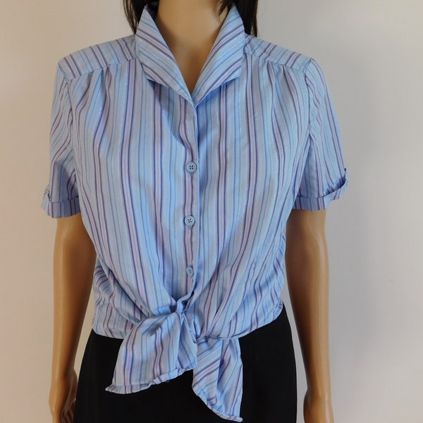 Tie in front womens vintage button up blouse shirt-pale blue with stripes-short cuffed sleeves-Great with jeans-machine washable-Size Medium