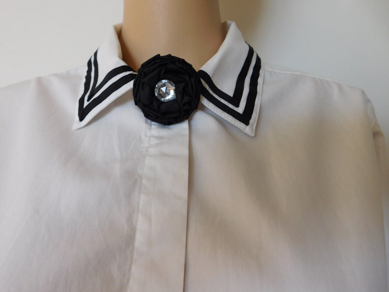 cravat Clip on medallion for blouse jabot or shirt-unisex-clips on any collar like a clip-on tie-black satin with a faceted rhinestone