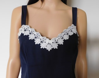 Vintage dress-navy blue with white cotton lace trim-sheath-V neck-adjustable 1 inch straps-Size 5-6--cool & comfy-office-business-career