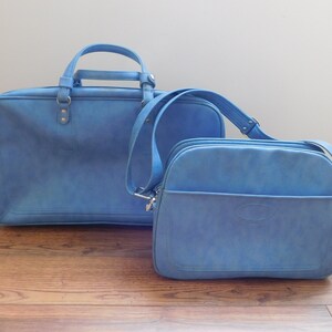 Vintage Samsonite luggage-2 piece set-light blue-faux leather soft side-retro 70's-carry-on weekender w/shoulder strap & larger one 21 X 13