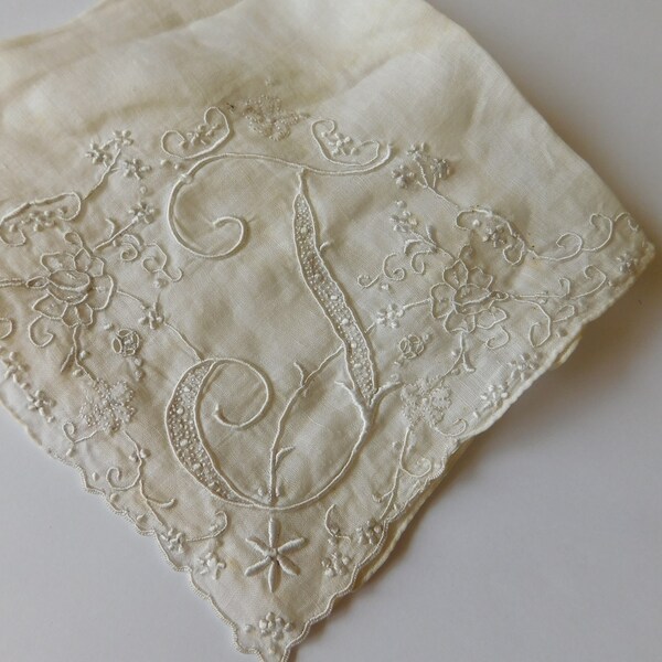 Antique wedding hankie-bridal handkerchief-Monogrammed T or J-embroidered with great detail work-gift for bride-gift for bride's mom