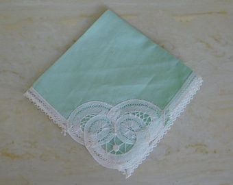 Vintage bridal hankie-green with white lace-3 entwining circles symbolize the bride and groom (big circle) and the joining of their families