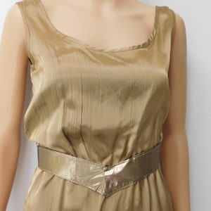 Wedding guest dress-Metallic gold sheath dress-light shantung silk type material-80&#39;s vintage-scoop neck -Small-gold lamee belt inc