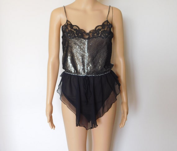 Blanche vintage metallic snap crotch black teddy-… - image 1