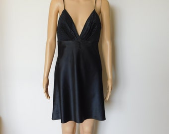 Black satin slip dress-trending now worn as a dress-full slip-nightie-chemise-Rare 70's vintage by Dentelle-only 1 of them-Sexy-gorgeous