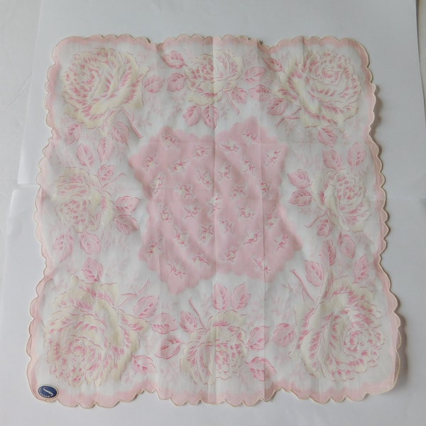 Something old for bride-Vintage 50's bridal handkerchief-Franshaw-never used with tag- pink flowers-delicate scalloped & embroidered edges