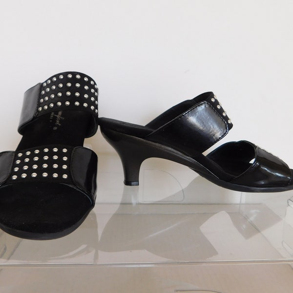 Black patent leather kitten heel sandals-mules-slides-silver nail head trim-Size 5-padded insole by Helle Comfort-sure grip soles