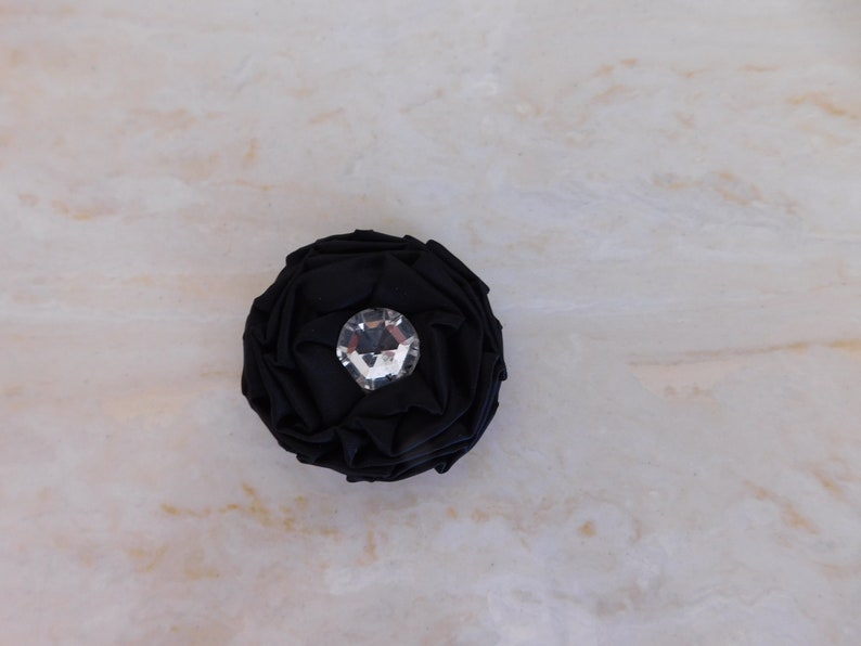cravat Clip on medallion for blouse jabot or shirt-unisex-clips on any collar like a clip-on tie-black satin with a faceted rhinestone