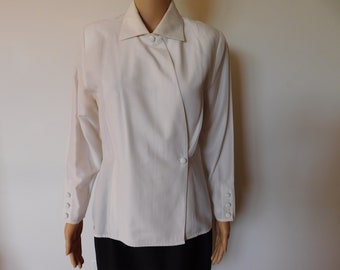 Vintage white secretary or career blouse-minimalist-classic style- Courtney Rhodes-Size 6-pointed collar-long sleeves-cloth covered buttons