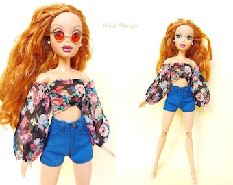 Doll Kleding - Set van Doll Kleding - Pop Zwarte Blouse, Pop Blauwe Shorts - Gepersonaliseerde Pop Zonnebril - 1/6 Schaal Handgemaakte Doll Fashion