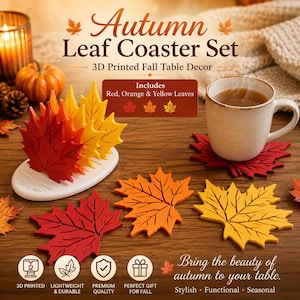 Könnte beinhalten: Ein Set aus 3D-gedruckten Blatt-Untersetzern in Rot, Orange und Gelb mit einem weißen ovalen Halter. Das Set enthält einzelne blattförmige Untersetzer sowie den Text Autumn Leaf Coaster Set, 3D Printed Fall Table Decor und Includes Red, Orange & Yellow Leaves.