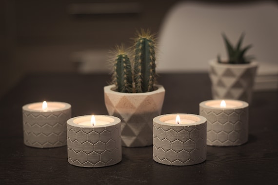 Handmade Concrete Candle Holders / Hexagonal Geometric Candlestick 