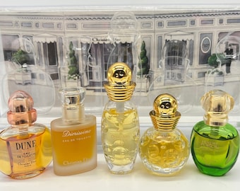 Coffret Mini Parfums, Dune, Diorissimo ,Tendre Poison ,Dolce Vita ..5x 7,5ml/0,25 fl.oz,Eau de Toilette ,Spray,Total 37,5ml, France,Paris ,80s