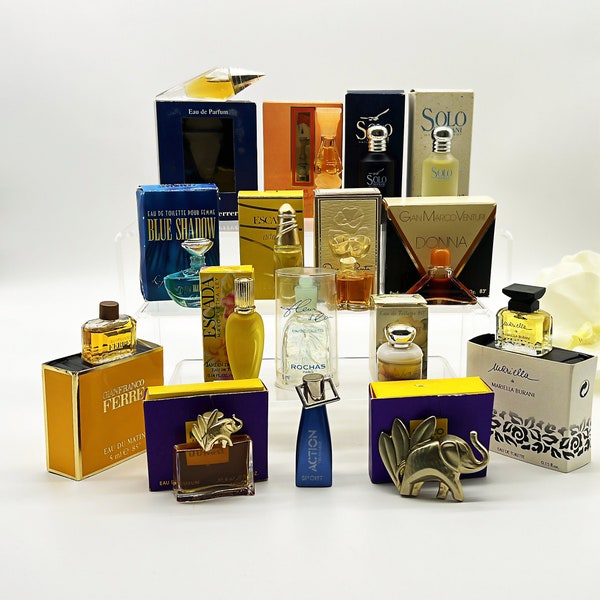 Lot von 15 Miniatur-Parfümflaschen und Brosche, Vintage-Düfte 90er Jahre, Parfüm-Sampels, Mini-Parfüms zum Sammeln mit Boxen, Geschenkidee