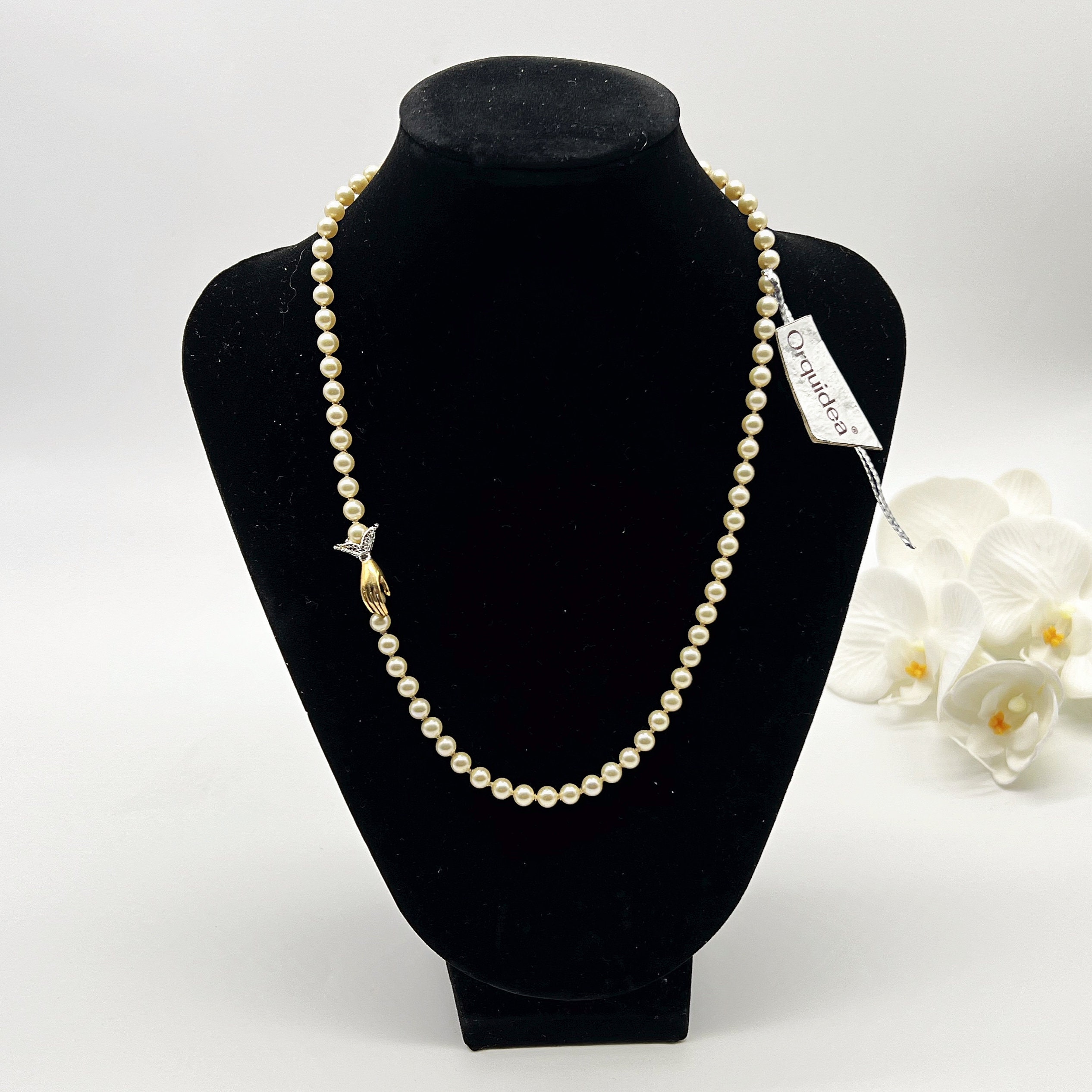 Vintage Majorica Pearl Necklace, Gold Plated Silver Hand Pendant