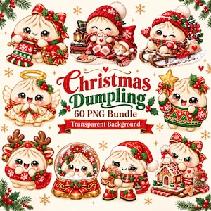 Pode incluir: Uma coleção digital de ilustrações de dumplings de Natal com várias cenas festivas em tons de vermelho e verde. O texto central diz Christmas Dumpling 60 PNG Bundle Transparent Background, rodeado por personagens de dumplings fofos.