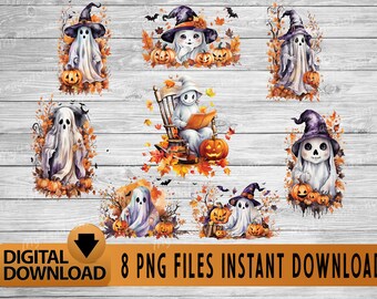 Fall PNG, Halloween PNG, Spooky Ghost, Autumn sublimation design, , Pumpkins, leaves PNG, Watercolor Sublimation, Instant download, Ghouls