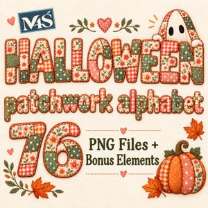 Op de afbeelding: Een digitale grafische set met een patchwork-alfabet met bloemen- en ruitpatronen in oranje, groen en wit. De tekst luidt HALLOWEEN patchwork alphabet 76 PNG Files + Bonus Elements, vergezeld door een spookje en een pompoen.