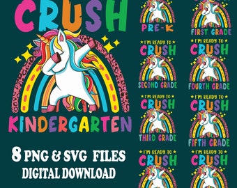 Back to School Girls Unicorn Png & Svg Bundle I'm Ready To Crush PNG Bundle, Grade SVG Bundle Unicorn Girls Back To school Girls Png Bundle